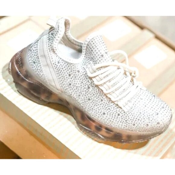 Very G Hella Cream Rhinestone Chunky Sneakers With Leopard Print Sole - Picture 3 of 3